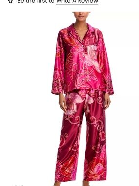 Natori NWT deco notch Pink & Magenta Floral Satin Pajama Set M